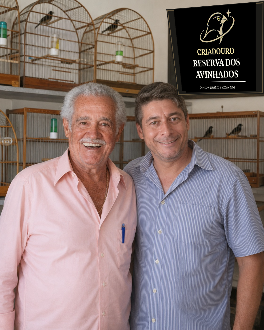 Sr. Mario Turchetti e Sr. Valdir Iossi juntos em ambiente com gaiolas e identidade visual do Criadouro Reserva dos Avinhados